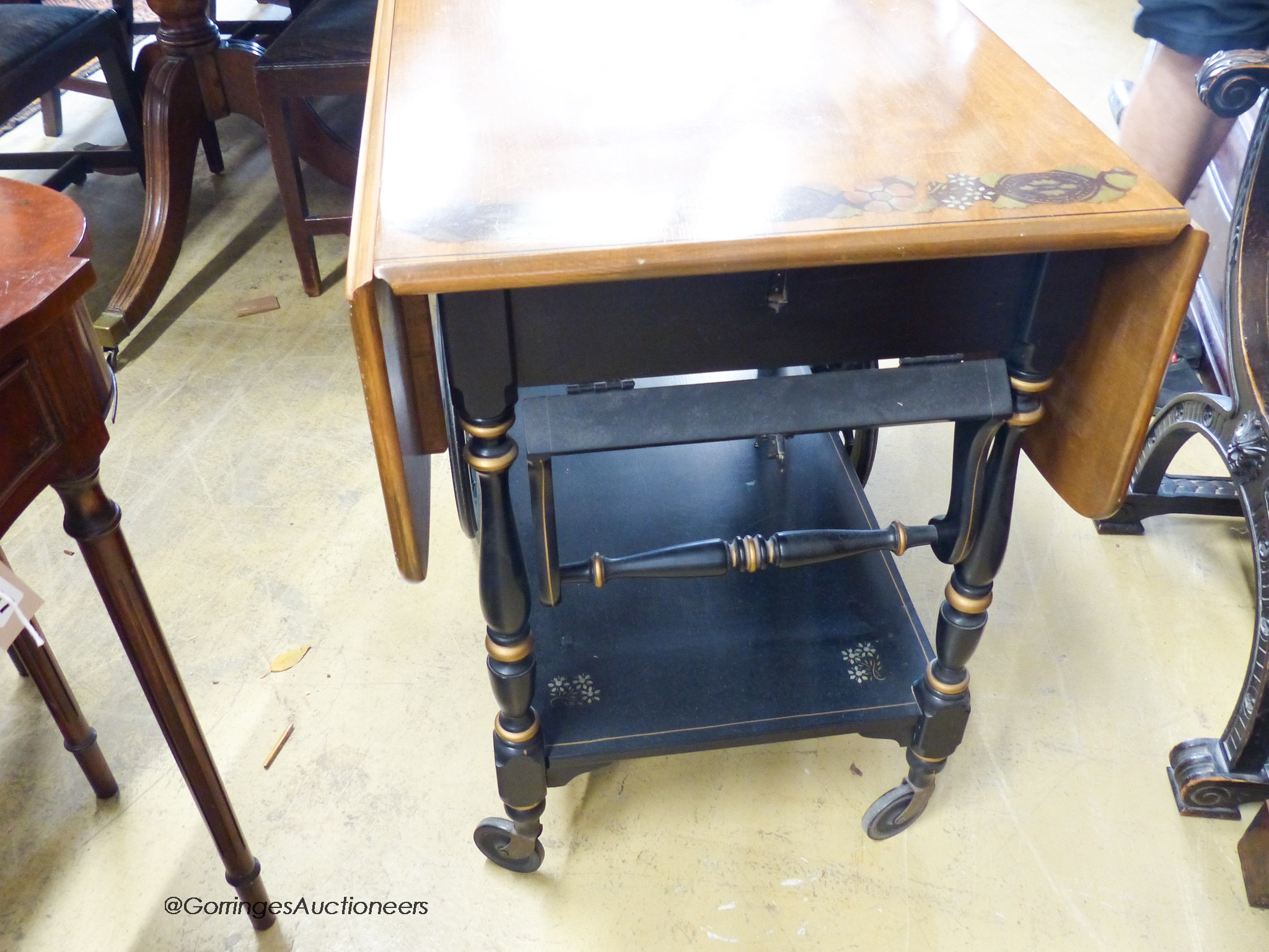 A painted drop leaf drinks trolley. W-80, D-52, H-73cm.